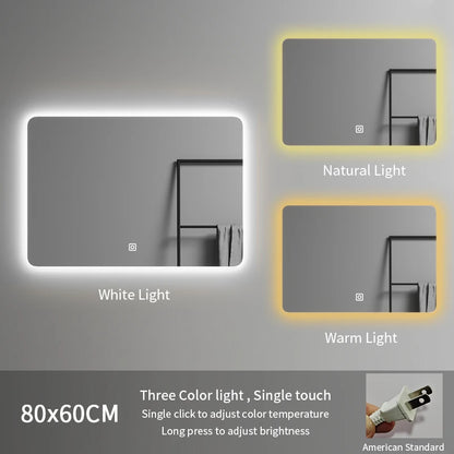 80*60 Rectangle Led Spiegel Illuminated Frameless Smart Adjustable Color Temperature Moisture Proof Bathroom Hotel Use Mirror