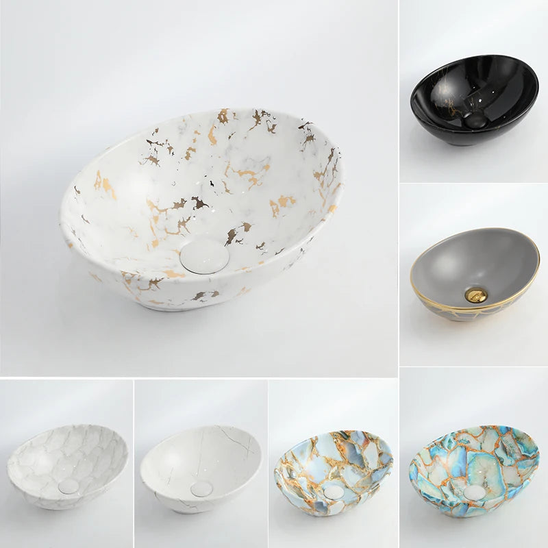 Dark Oval Ceramic Art Table Top Wash Basin Bowl Bathroom Small Above Counter Brown Marble Sink