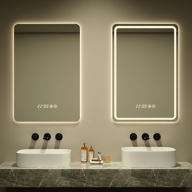 Luxury Modern Rectangle Wall Lighted Digital Led Illuminated Bath Mirror Large Frameless Smart Moisture Proof Hotel Use 60x80CM