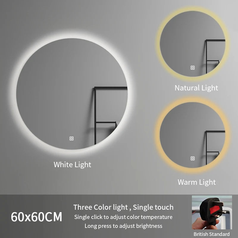 60cm Modern Illuminated Bathroom Mirror with Adjustable Color Temperature LED Light Smart Mirror Moisture Proof Wall Mounted
