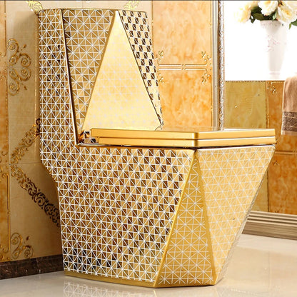 Luxury Square Dual-Flush One Piece Ceramic Toilet with Gold Finish Floor Mounted 5 Year Warranty