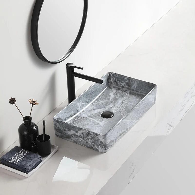 High Quality Bathroom Grey Rectangular Marbled Easy Clean Modern Ceramic Top Mounted Counter Top Sink Wash Basin