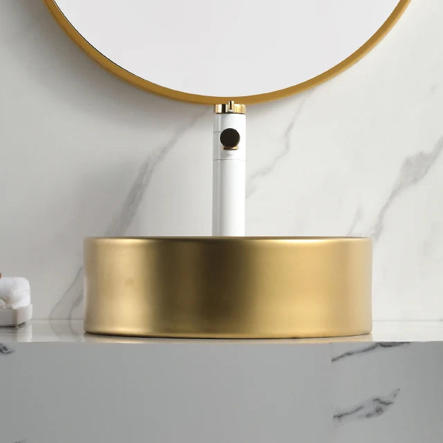 Artistic Golden Color Luxury Bathroom Wash Basin Hotel Lavatory Ceramic Round Small Countertop Sink