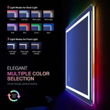مرآة حائط ذكية مستطيلة بإضاءة خلفية للحمام، مع خاصية تغيير الألوان بتقنية RGB LED وبلوتوث للموسيقى بدون إطار
