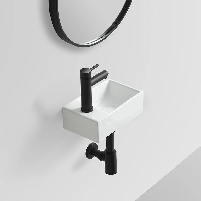 Hot Sale Modern Small Rectangular White Ceramic Wall Hung Hotel Bathroom Sink with Towel Shelf