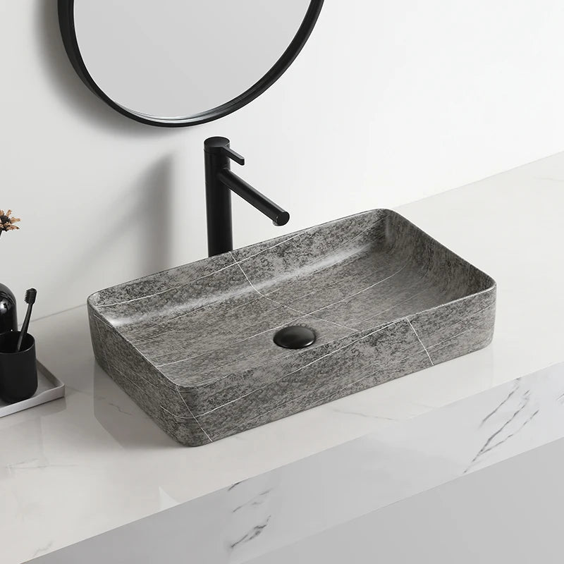 High Quality Bathroom Grey Rectangular Marbled Easy Clean Modern Ceramic Top Mounted Counter Top Sink Wash Basin