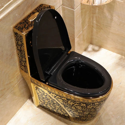 Luxury Modern One Piece Dual-Flush S-Trap Floor Mounted Black Gold Toilet Bowl with Ceramic Material