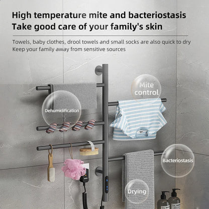 New Design Wall Rotating Towel Rack Heated Drying Bathroom Stainless Steel Grey Electric Towel Rack 5 Bars