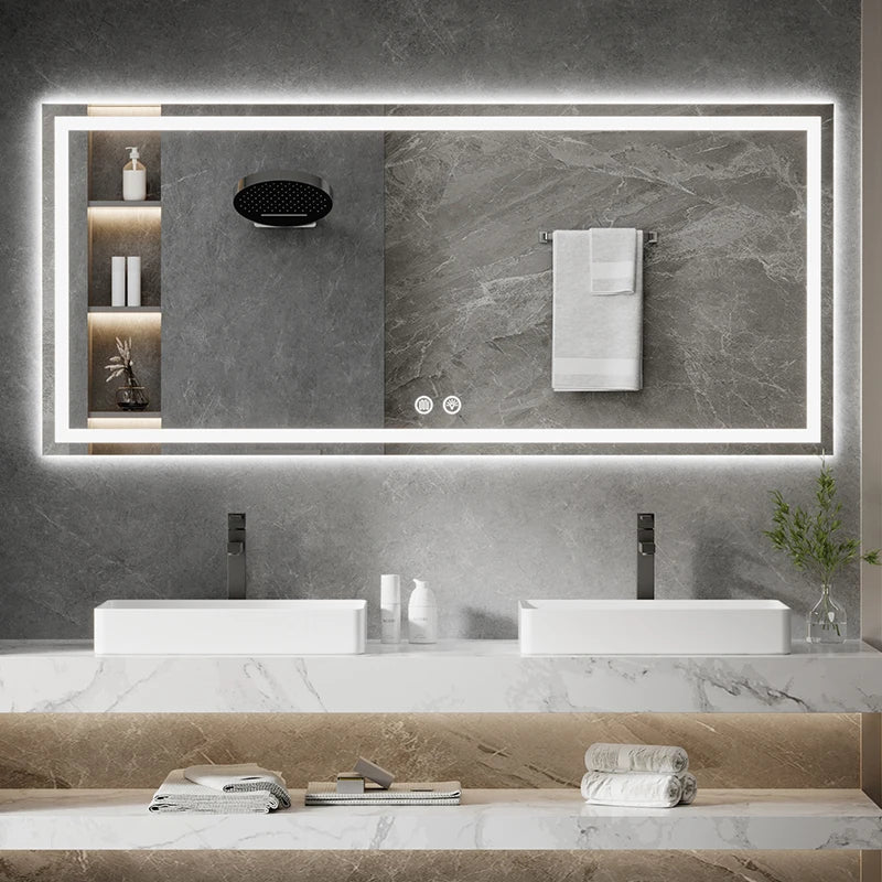 مرآة حائط مستطيلة كبيرة ذكية مزودة بإضاءة LED للحمام، مزودة بشاشة لمس حديثة وتصميم جرافيك، لديكور المنزل والشقق