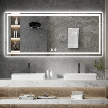 مرآة حائط مستطيلة كبيرة ذكية مزودة بإضاءة LED للحمام، مزودة بشاشة لمس حديثة وتصميم جرافيك، لديكور المنزل والشقق