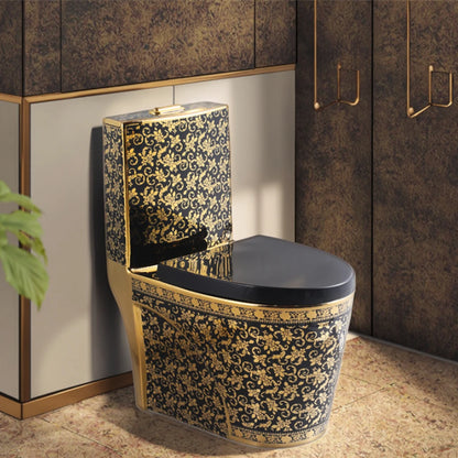 Luxury Modern One Piece Dual-Flush S-Trap Floor Mounted Black Gold Toilet Bowl with Ceramic Material