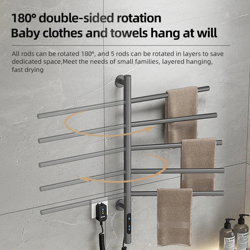 New Design Wall Rotating Towel Rack Heated Drying Bathroom Stainless Steel Grey Electric Towel Rack 5 Bars