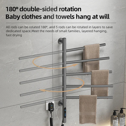 New Design Wall Rotating Towel Rack Heated Drying Bathroom Stainless Steel Grey Electric Towel Rack 5 Bars