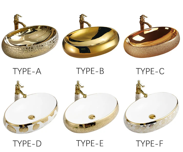 Luxury Golden Vanity Table Top Wash Basin Ceramic Art Oval Lavabo Electroplated Bathroom Vessel Sink