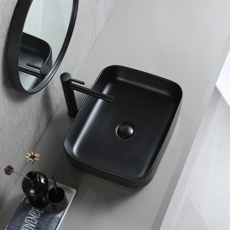 Decor Ceramic Matte Black Color Counter Top Sink Bathroom Art Rectangular Cabinet Basin
