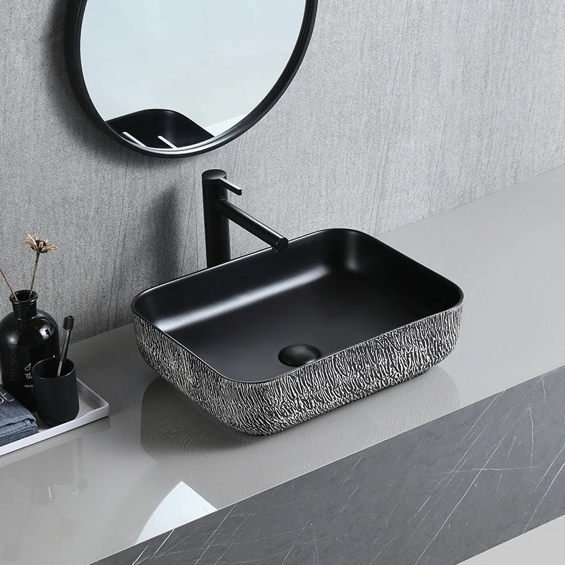 Decor Ceramic Matte Black Color Counter Top Sink Bathroom Art Rectangular Cabinet Basin