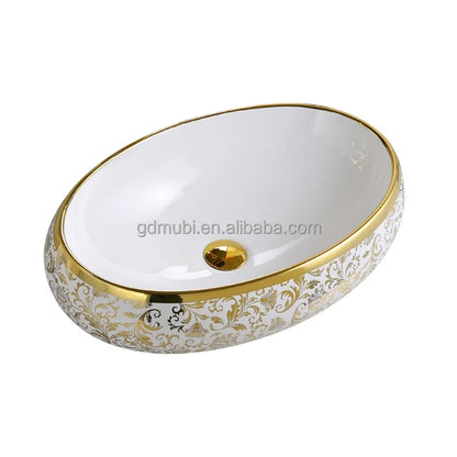 Luxury Golden Vanity Table Top Wash Basin Ceramic Art Oval Lavabo Electroplated Bathroom Vessel Sink