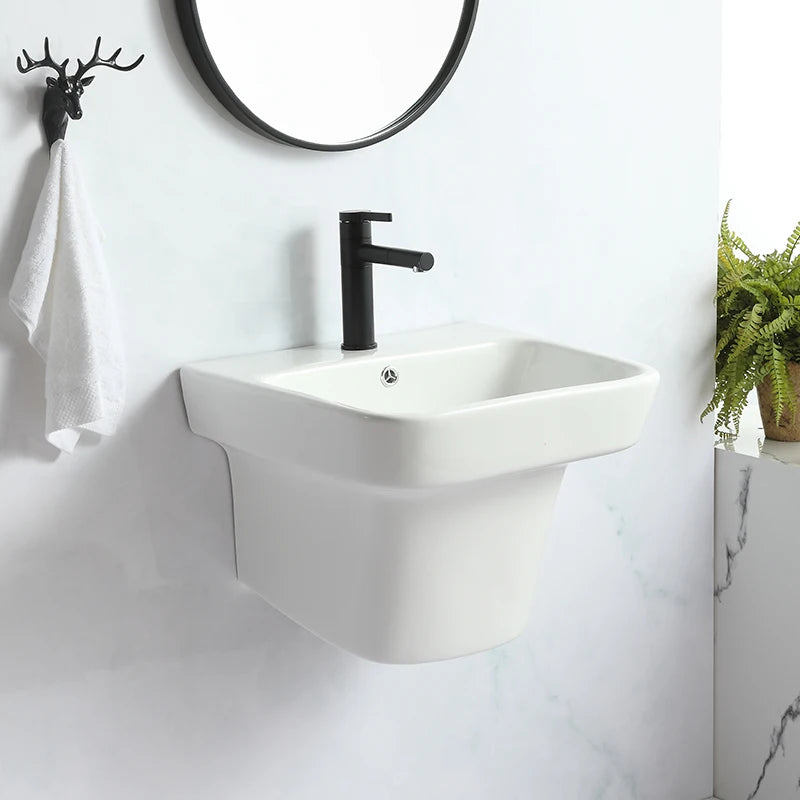MUBI Modern Design One Piece White Bathroom Ceramic Easy Clean Wall Hung Half Pedestal Washing Basin with 2-Year Warranty