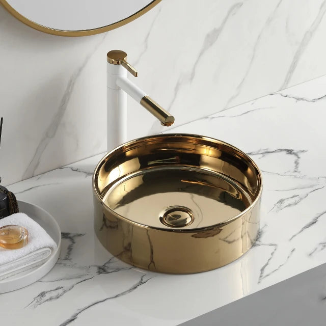 Artistic Golden Color Luxury Bathroom Wash Basin Hotel Lavatory Ceramic Round Small Countertop Sink