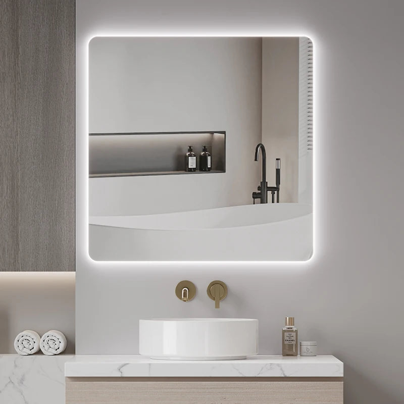 Factory Wholesale Modern Square Wall Hung LED Smart Bathroom Mirror with Illuminated Light Hotel Use Graphic Design 60x60cm