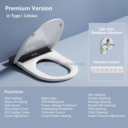 U-Shape Smart Toilet Seat Multifunction Automatic Heated Drying Intelligent Bidet Cover with Remote Control