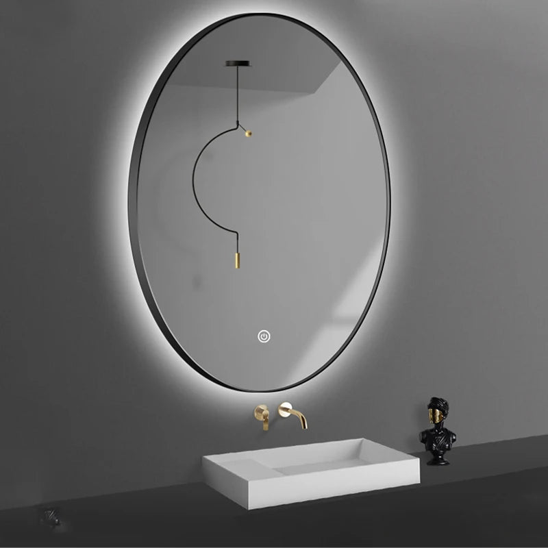 Modern Design Hotel Villa Apartment Bathroom Wall-Mounted Oval Illuminated Smart Backlit Moisture Proof Gold Frame Vanity Mirror