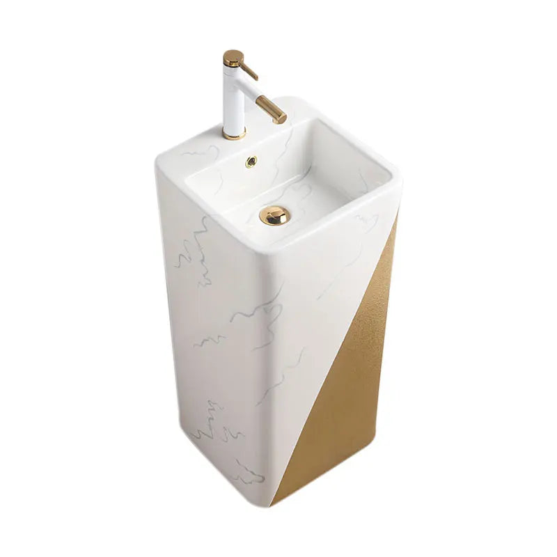 Modern Rectangular Gold Marble Pedestal Wash Basin One Piece Free Standing Ceramic White Bathroom Sink Drainer Single Hole MUBI