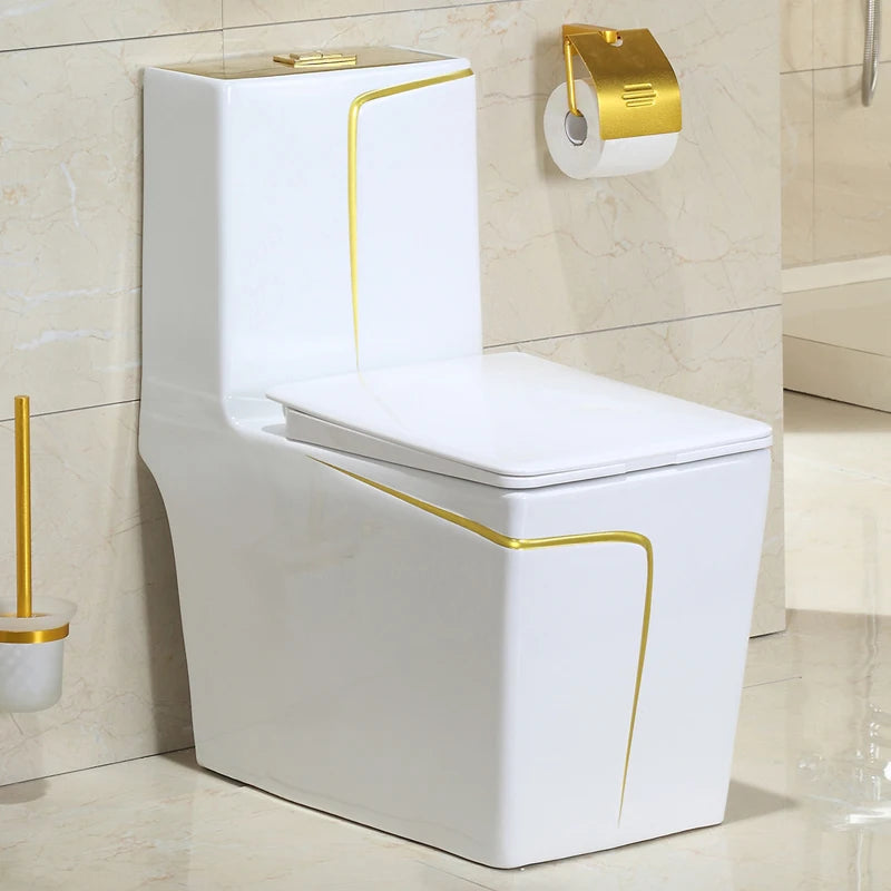 Modern Dual-Flush Square S-Trap Ceramic One Piece Toilet with Siphon Jet Flushing White Gold Color