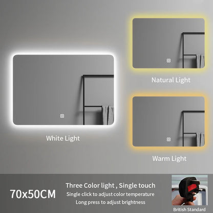 Modern Rectangle Frameless LED Bathroom Wall Mirror 70*50 Three-Color Illuminated for Hotel or Apartment