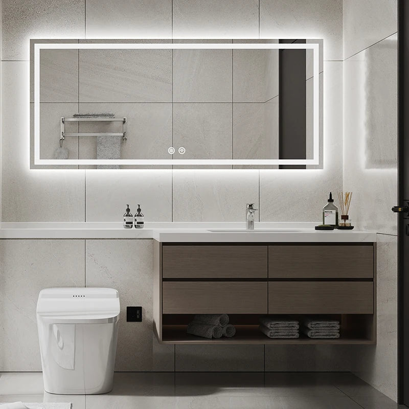 مرآة حائط مستطيلة كبيرة ذكية مزودة بإضاءة LED للحمام، مزودة بشاشة لمس حديثة وتصميم جرافيك، لديكور المنزل والشقق