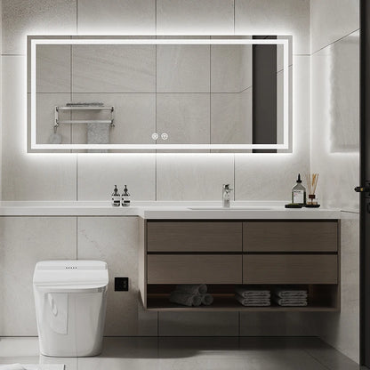 مرآة حائط مستطيلة كبيرة ذكية مزودة بإضاءة LED للحمام، مزودة بشاشة لمس حديثة وتصميم جرافيك، لديكور المنزل والشقق