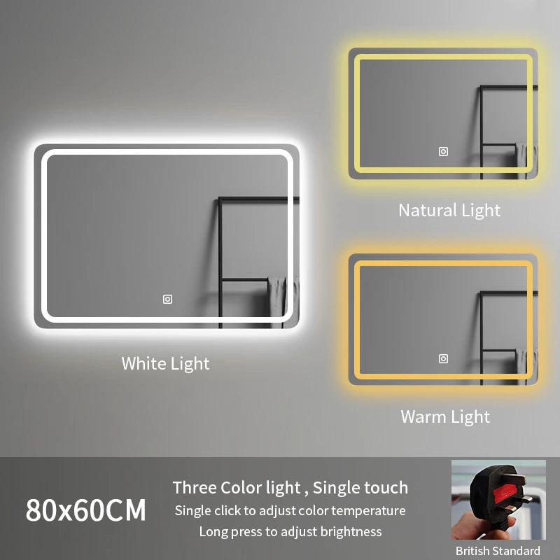 80*60 Rectangle Led Spiegel Illuminated Frameless Smart Adjustable Color Temperature Moisture Proof Bathroom Hotel Use Mirror